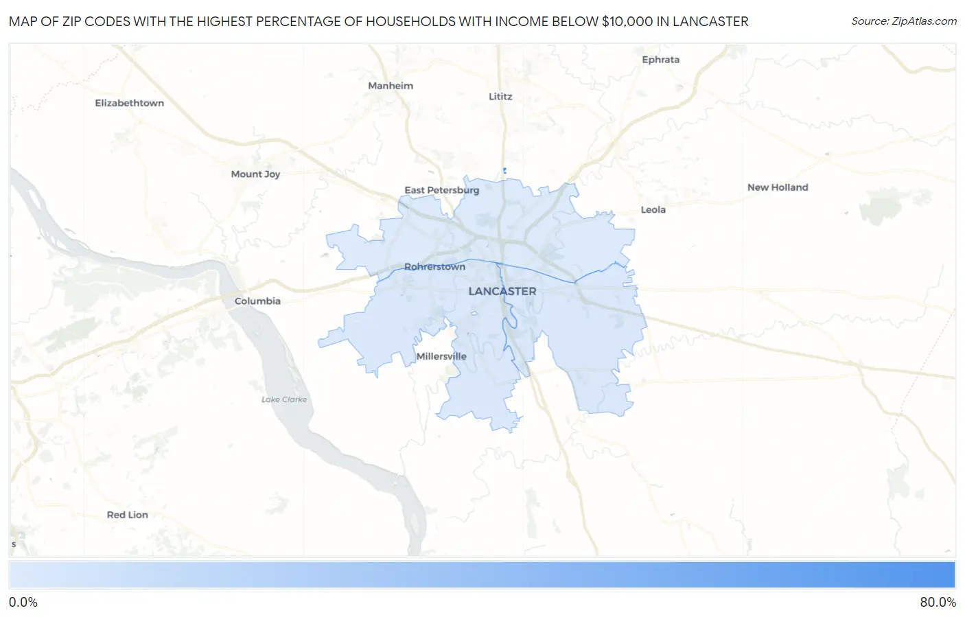 Zip Codes with the Highest Percentage of Households with Income Below $10,000 in Lancaster Map