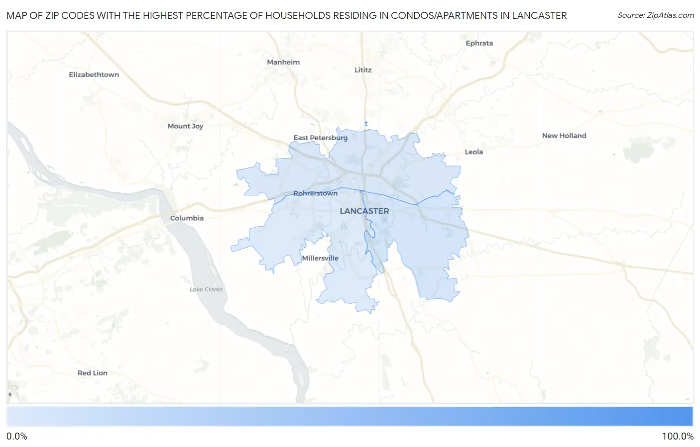 Zip Codes with the Highest Percentage of Households Residing in Condos/Apartments in Lancaster Map