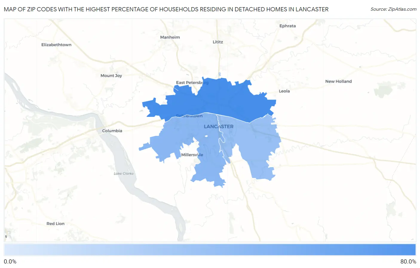 Zip Codes with the Highest Percentage of Households Residing in Detached Homes in Lancaster Map