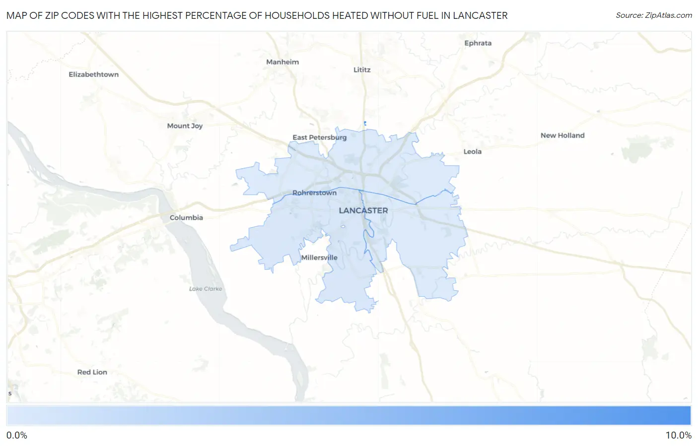 Zip Codes with the Highest Percentage of Households Heated without Fuel in Lancaster Map