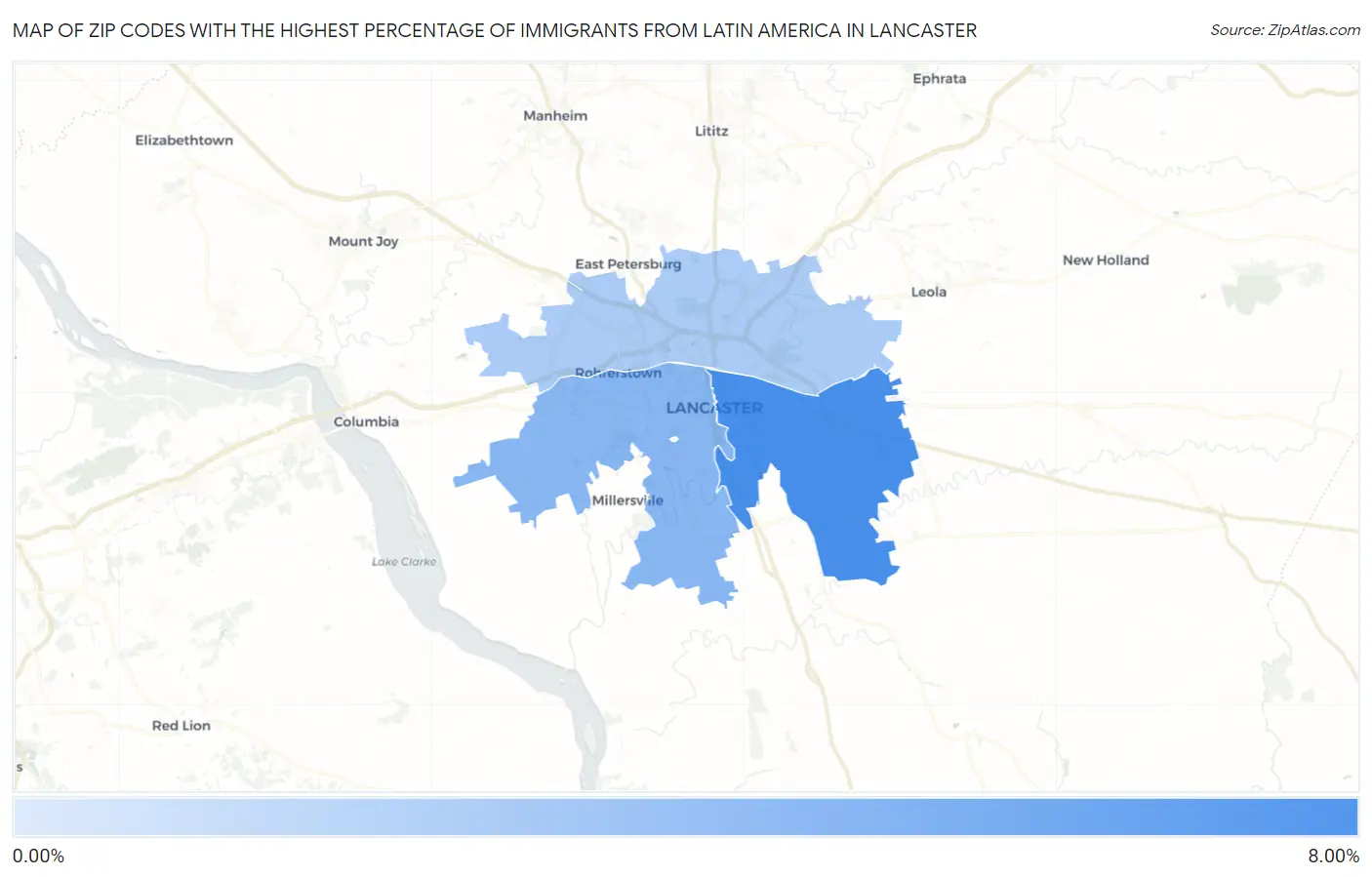 Zip Codes with the Highest Percentage of Immigrants from Latin America in Lancaster Map