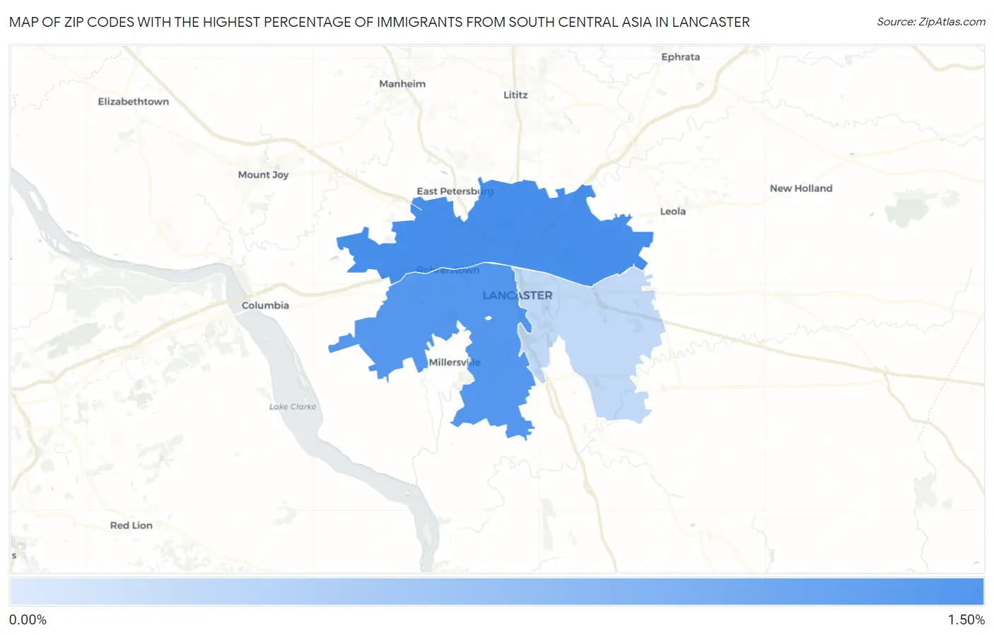 Zip Codes with the Highest Percentage of Immigrants from South Central Asia in Lancaster Map