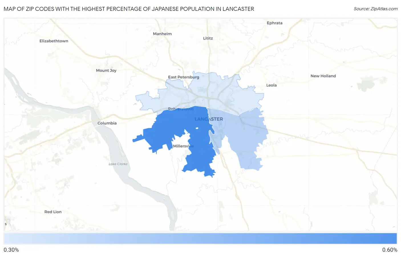 Zip Codes with the Highest Percentage of Japanese Population in Lancaster Map