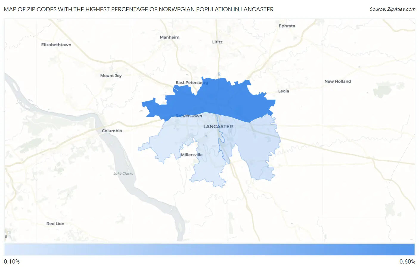 Zip Codes with the Highest Percentage of Norwegian Population in Lancaster Map