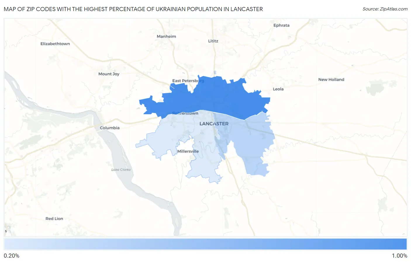 Zip Codes with the Highest Percentage of Ukrainian Population in Lancaster Map