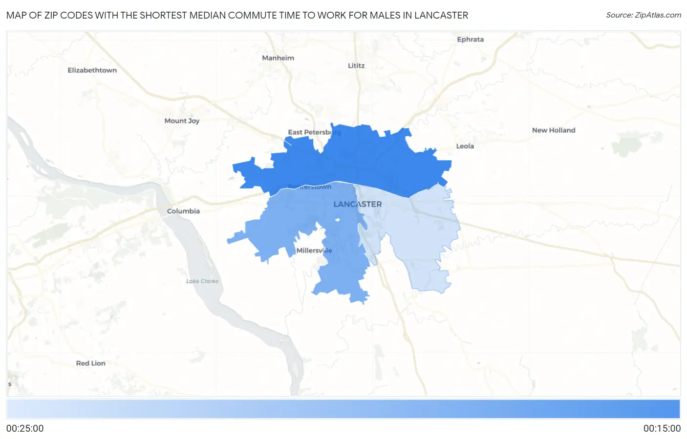 Zip Codes with the Shortest Median Commute Time to Work for Males in Lancaster Map