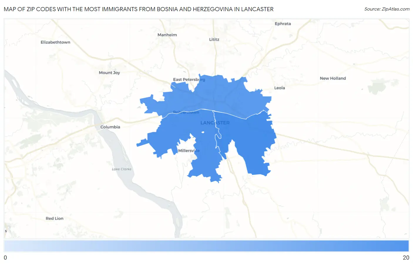 Zip Codes with the Most Immigrants from Bosnia and Herzegovina in Lancaster Map