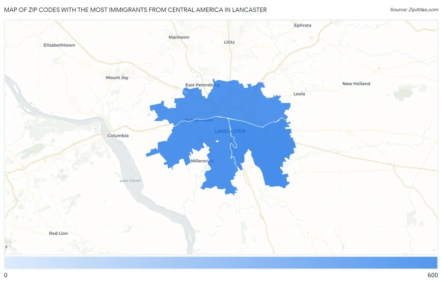 Zip Codes with the Most Immigrants from Central America in Lancaster Map