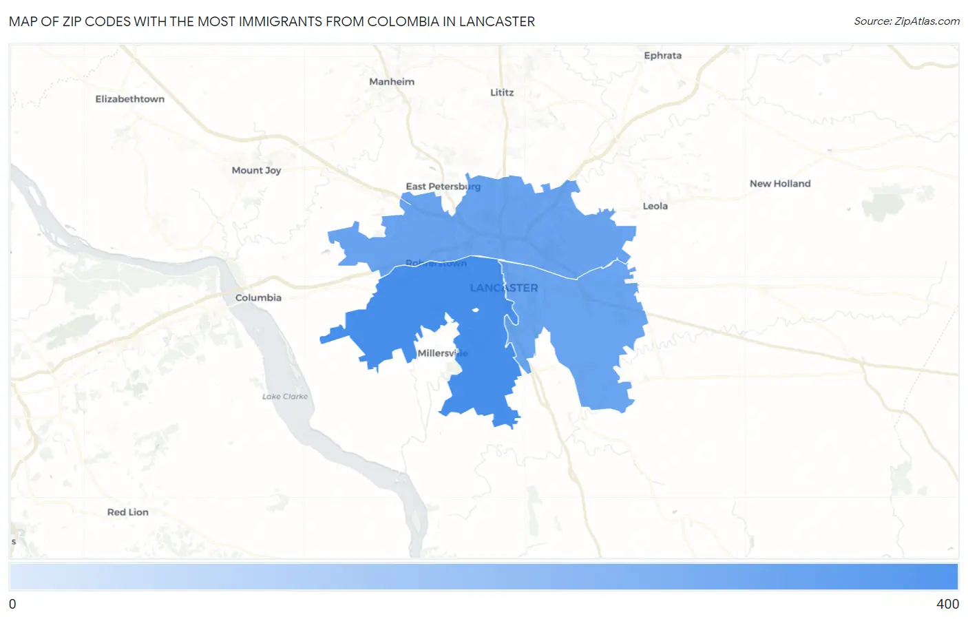 Zip Codes with the Most Immigrants from Colombia in Lancaster Map