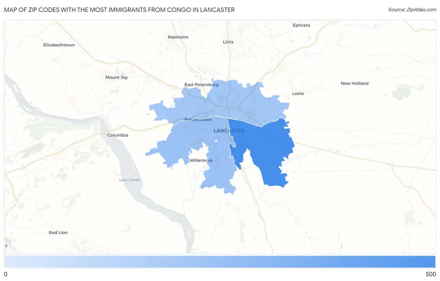 Zip Codes with the Most Immigrants from Congo in Lancaster Map