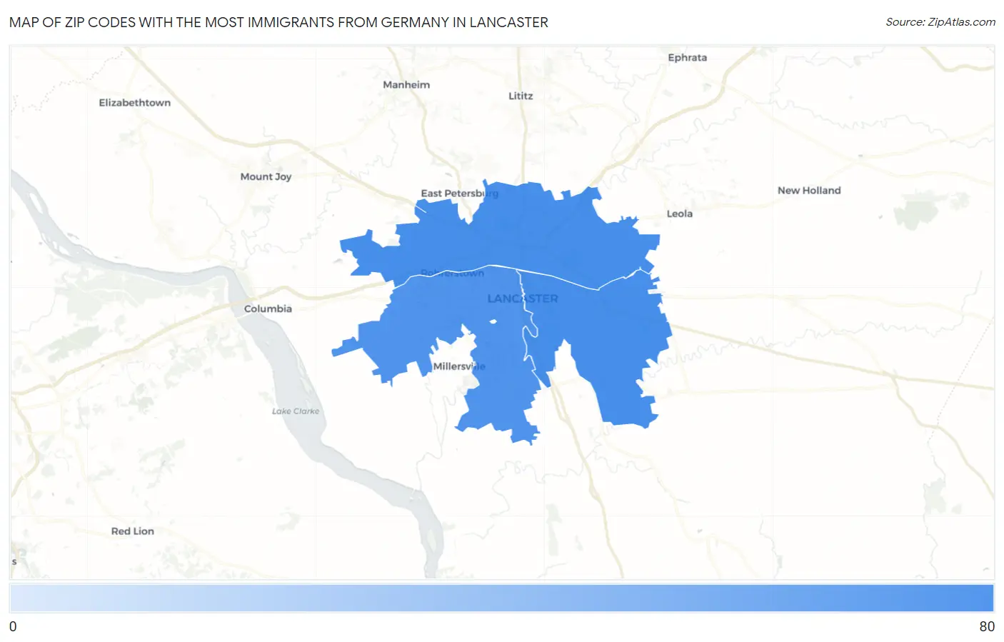 Zip Codes with the Most Immigrants from Germany in Lancaster Map