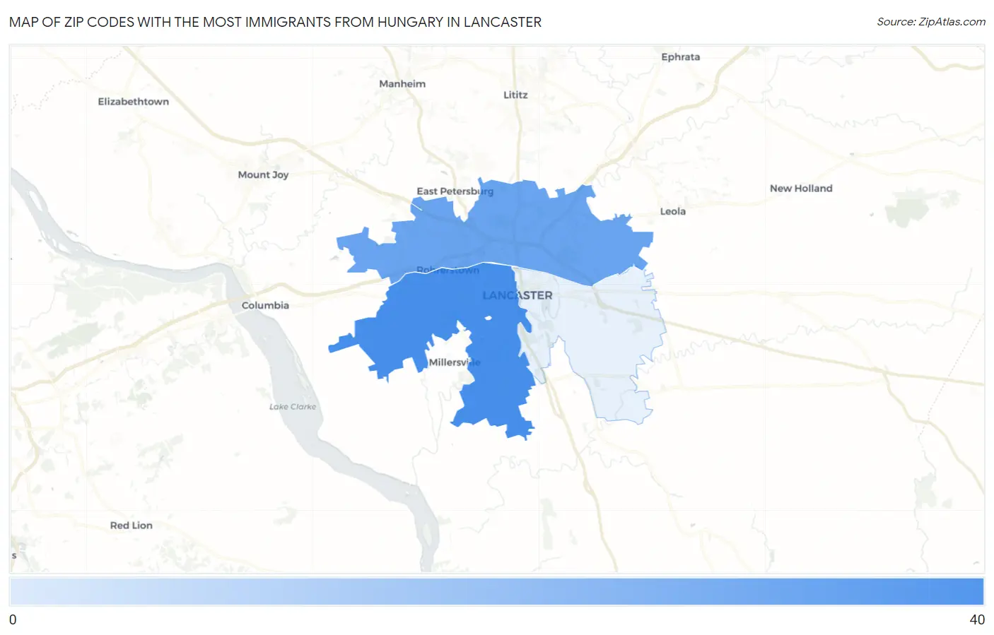 Zip Codes with the Most Immigrants from Hungary in Lancaster Map
