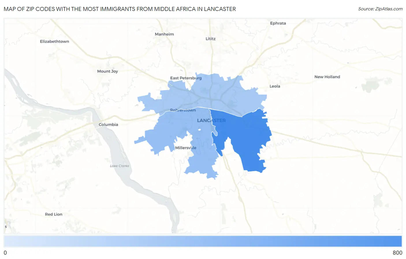 Zip Codes with the Most Immigrants from Middle Africa in Lancaster Map