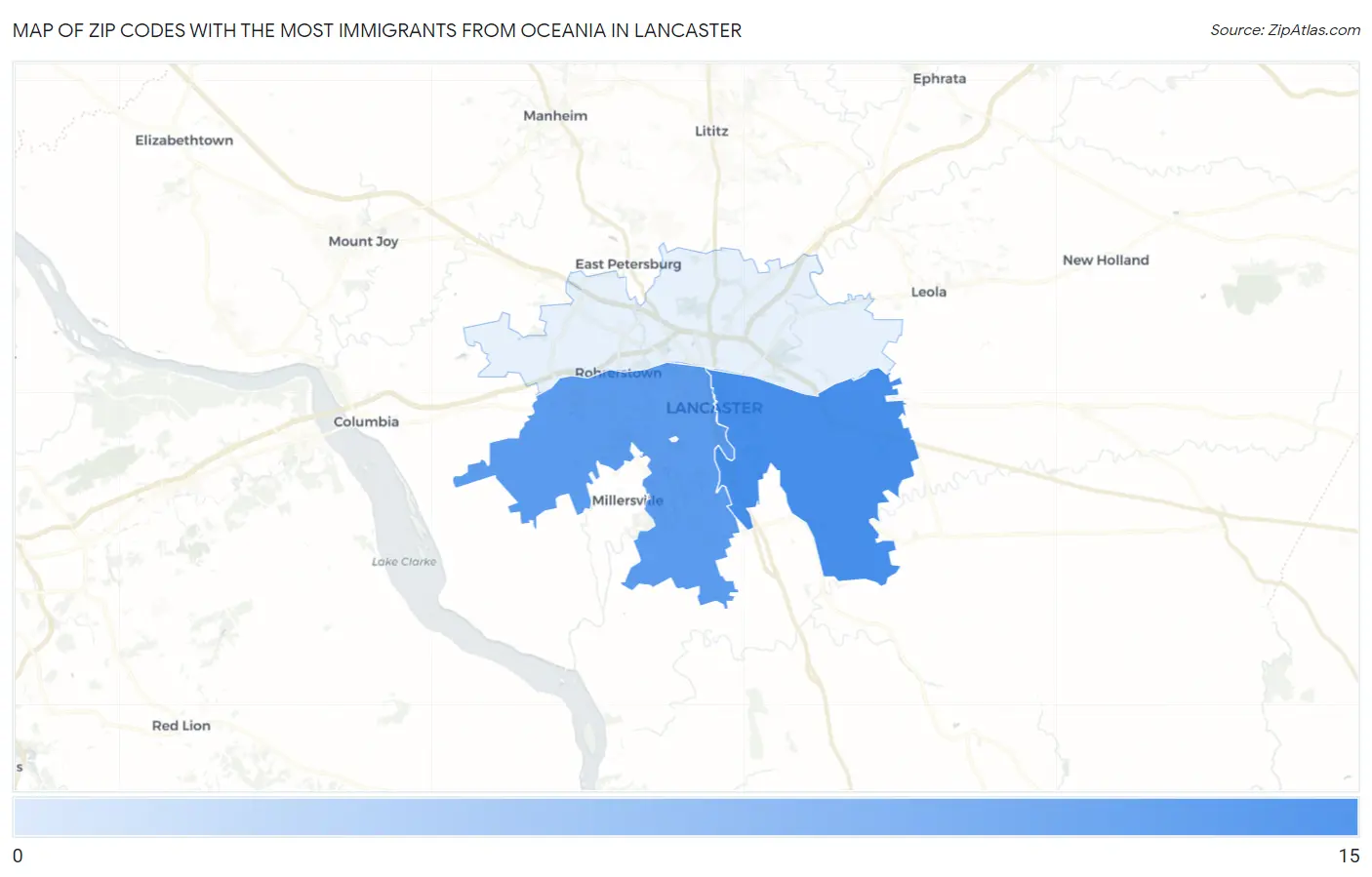 Zip Codes with the Most Immigrants from Oceania in Lancaster Map