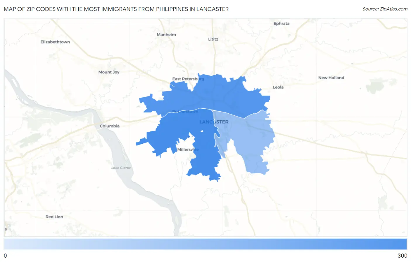 Zip Codes with the Most Immigrants from Philippines in Lancaster Map