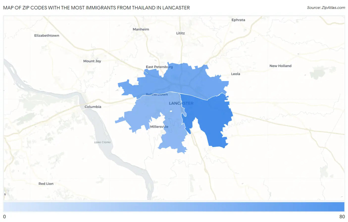 Zip Codes with the Most Immigrants from Thailand in Lancaster Map