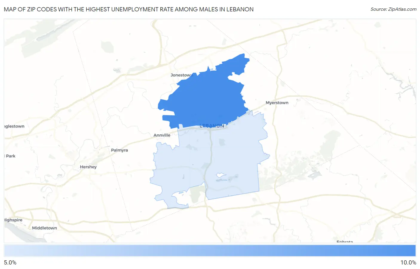 Zip Codes with the Highest Unemployment Rate Among Males in Lebanon Map