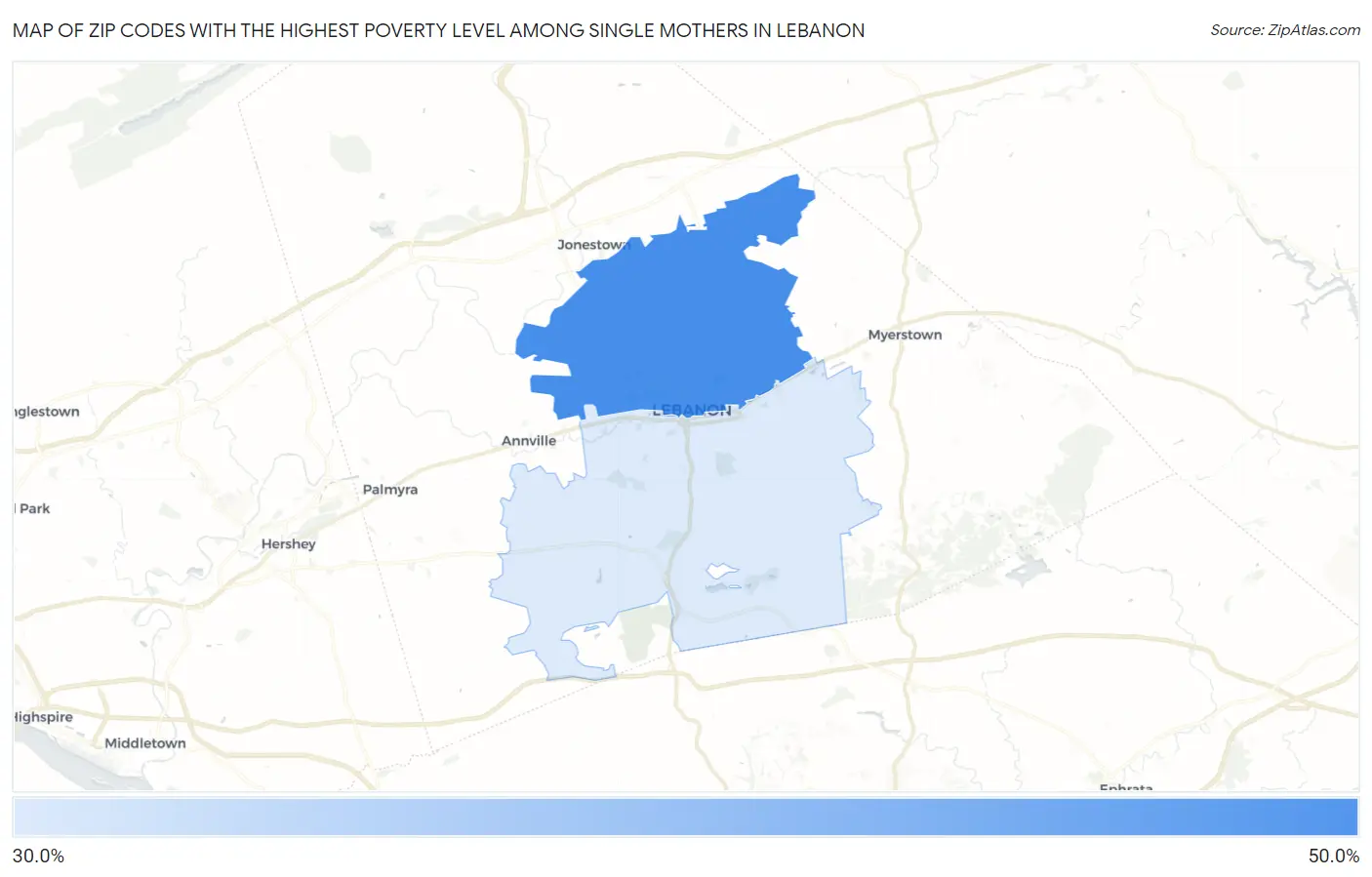 Zip Codes with the Highest Poverty Level Among Single Mothers in Lebanon Map