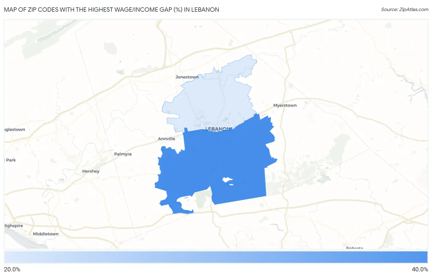 Zip Codes with the Highest Wage/Income Gap (%) in Lebanon Map