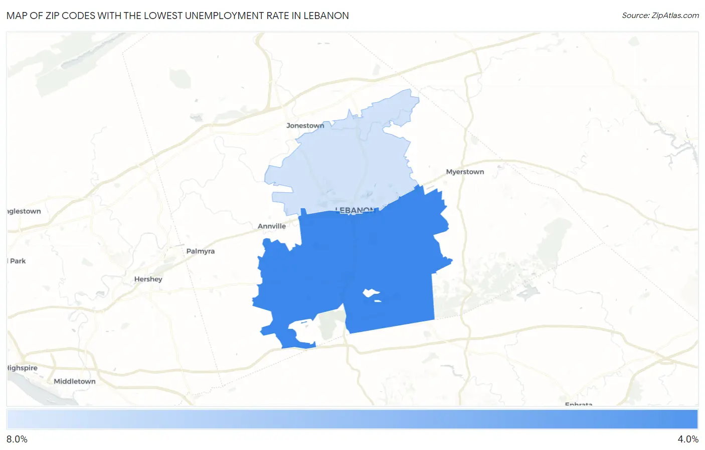 Zip Codes with the Lowest Unemployment Rate in Lebanon Map