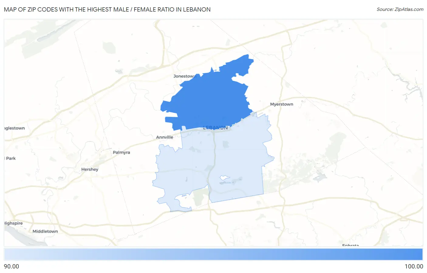 Zip Codes with the Highest Male / Female Ratio in Lebanon Map