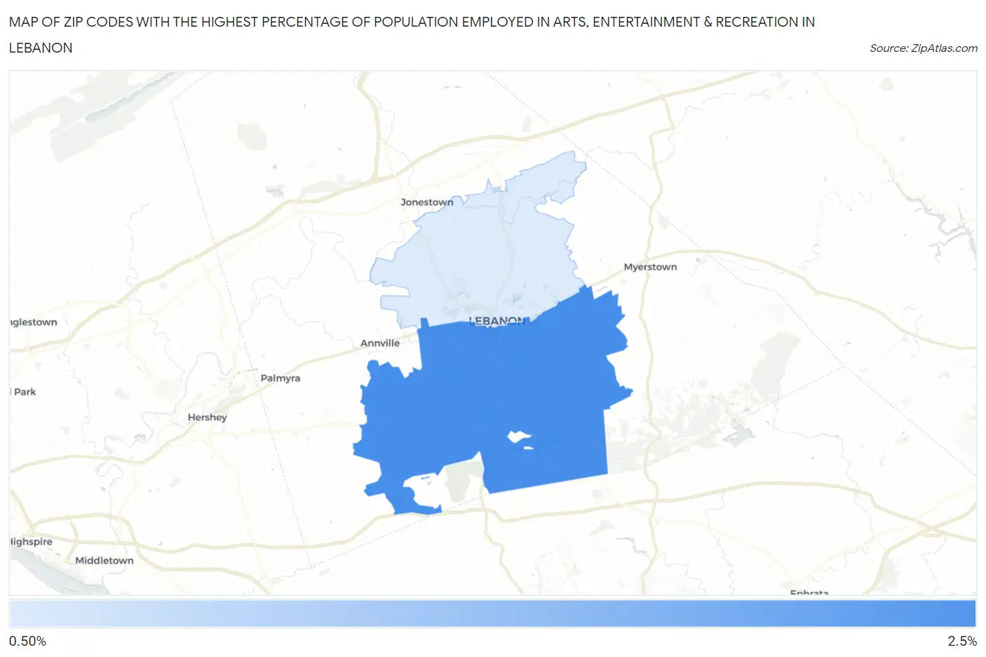 Zip Codes with the Highest Percentage of Population Employed in Arts, Entertainment & Recreation in Lebanon Map