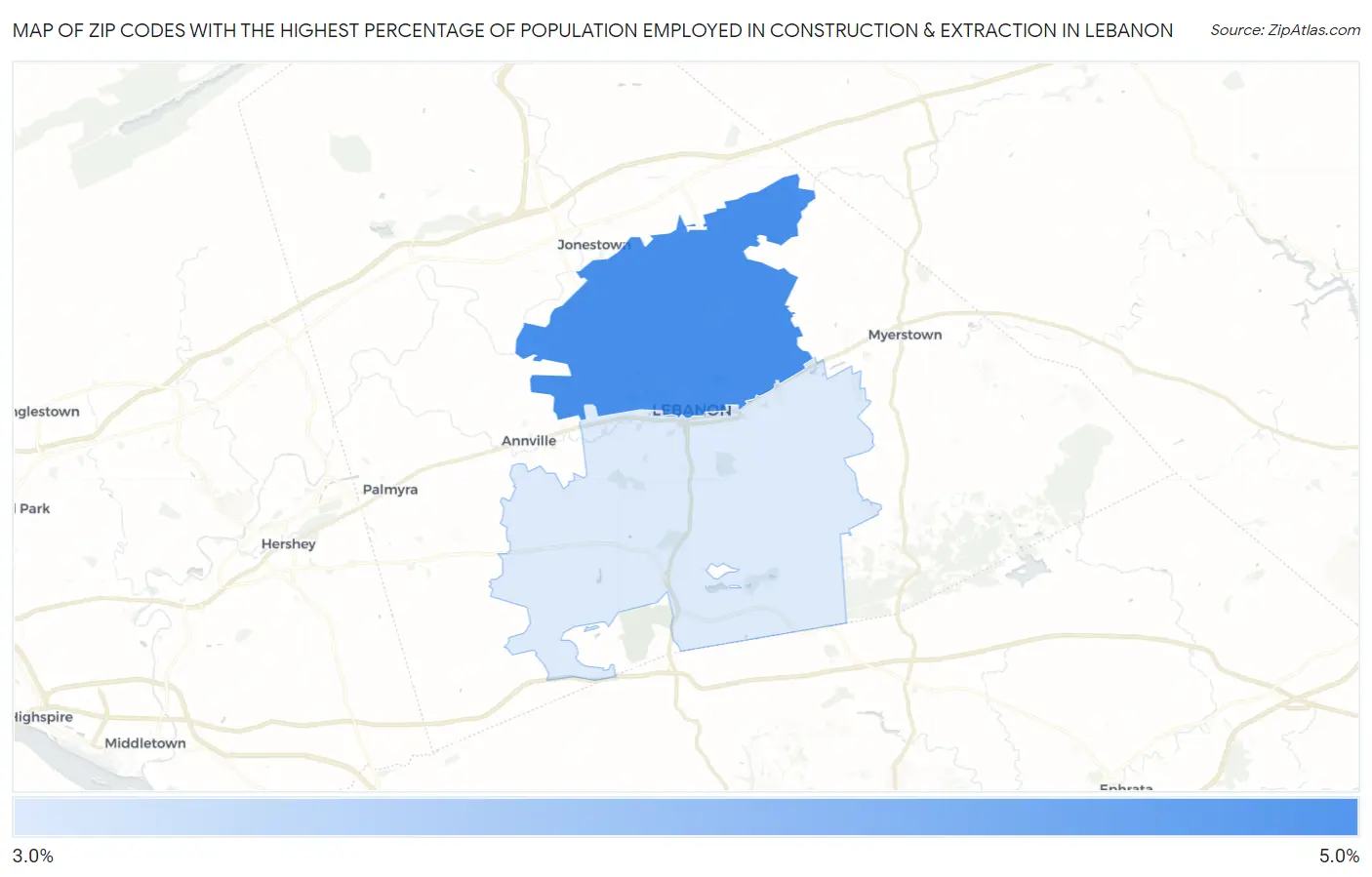 Zip Codes with the Highest Percentage of Population Employed in Construction & Extraction in Lebanon Map