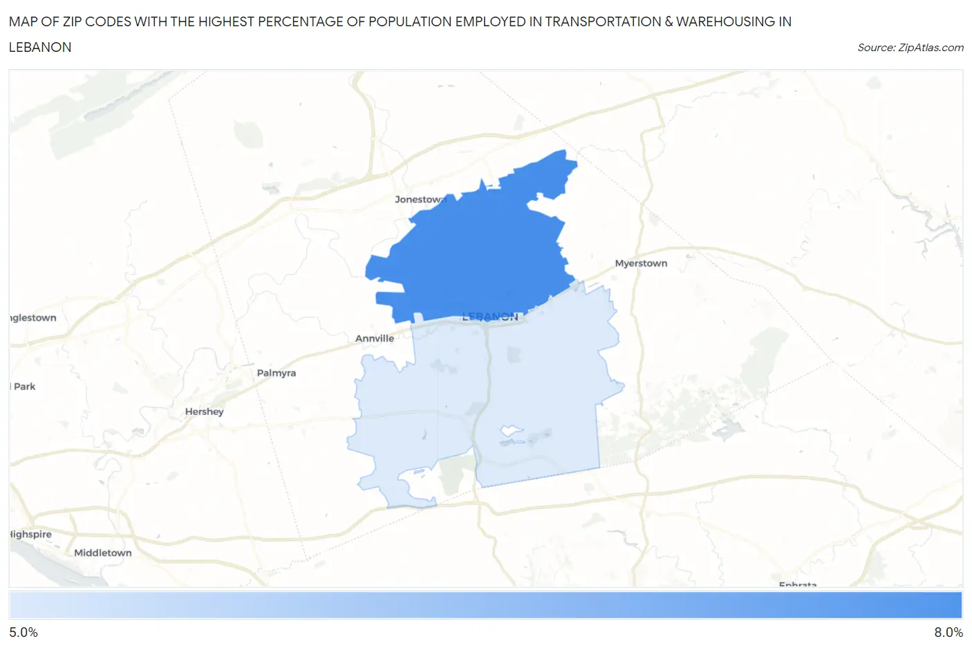 Zip Codes with the Highest Percentage of Population Employed in Transportation & Warehousing in Lebanon Map