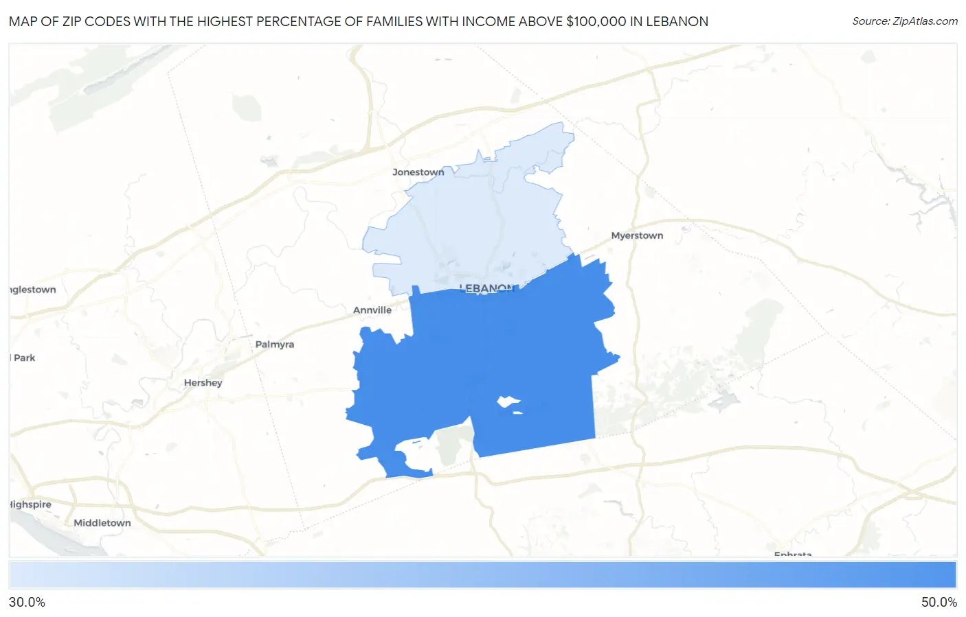Zip Codes with the Highest Percentage of Families with Income Above $100,000 in Lebanon Map