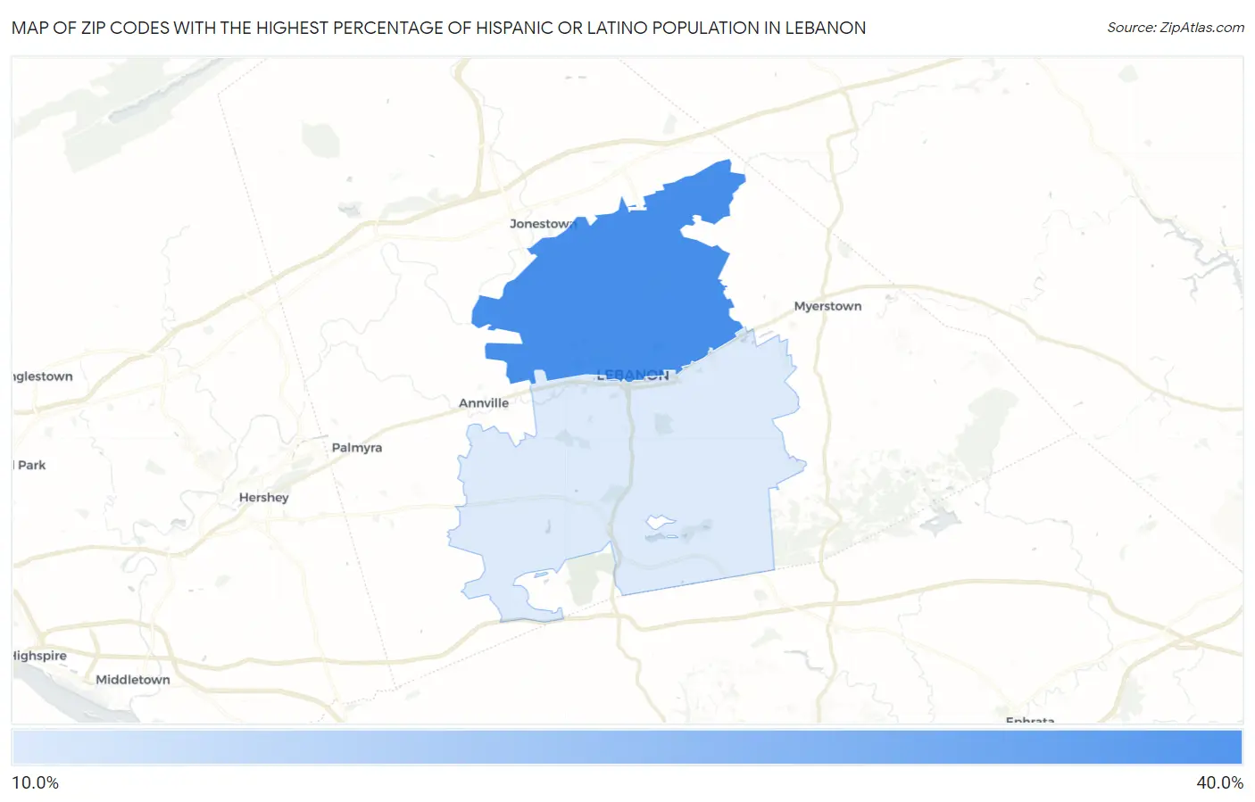 Zip Codes with the Highest Percentage of Hispanic or Latino Population in Lebanon Map