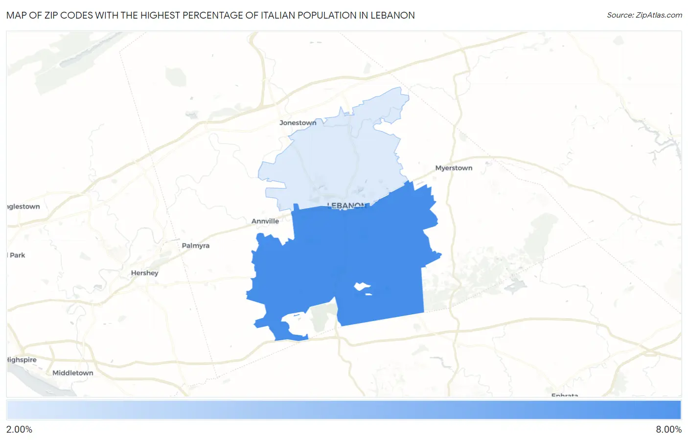 Zip Codes with the Highest Percentage of Italian Population in Lebanon Map