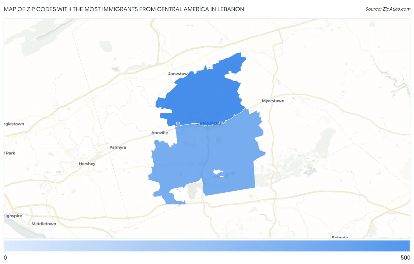 Zip Codes with the Most Immigrants from Central America in Lebanon Map