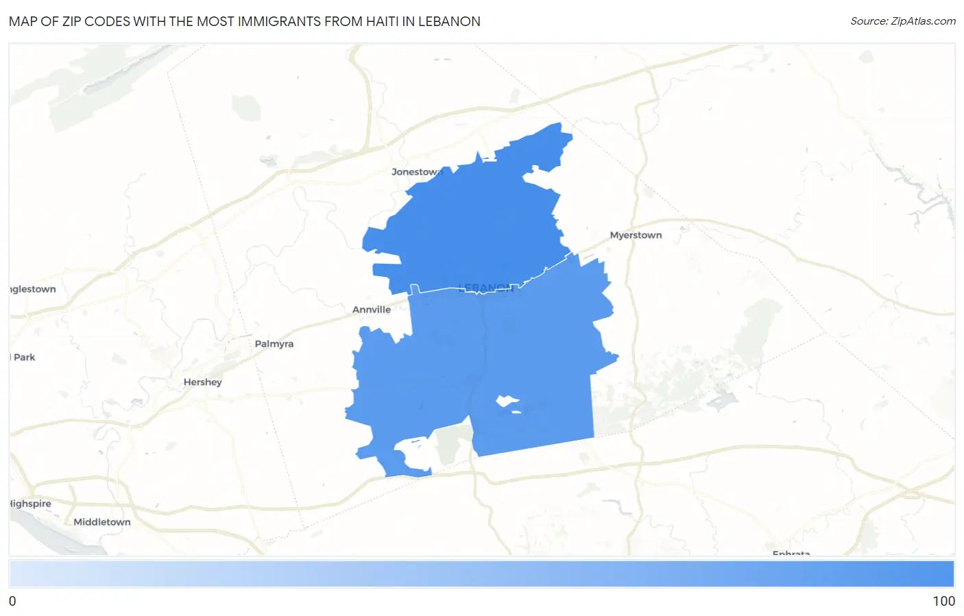 Zip Codes with the Most Immigrants from Haiti in Lebanon Map