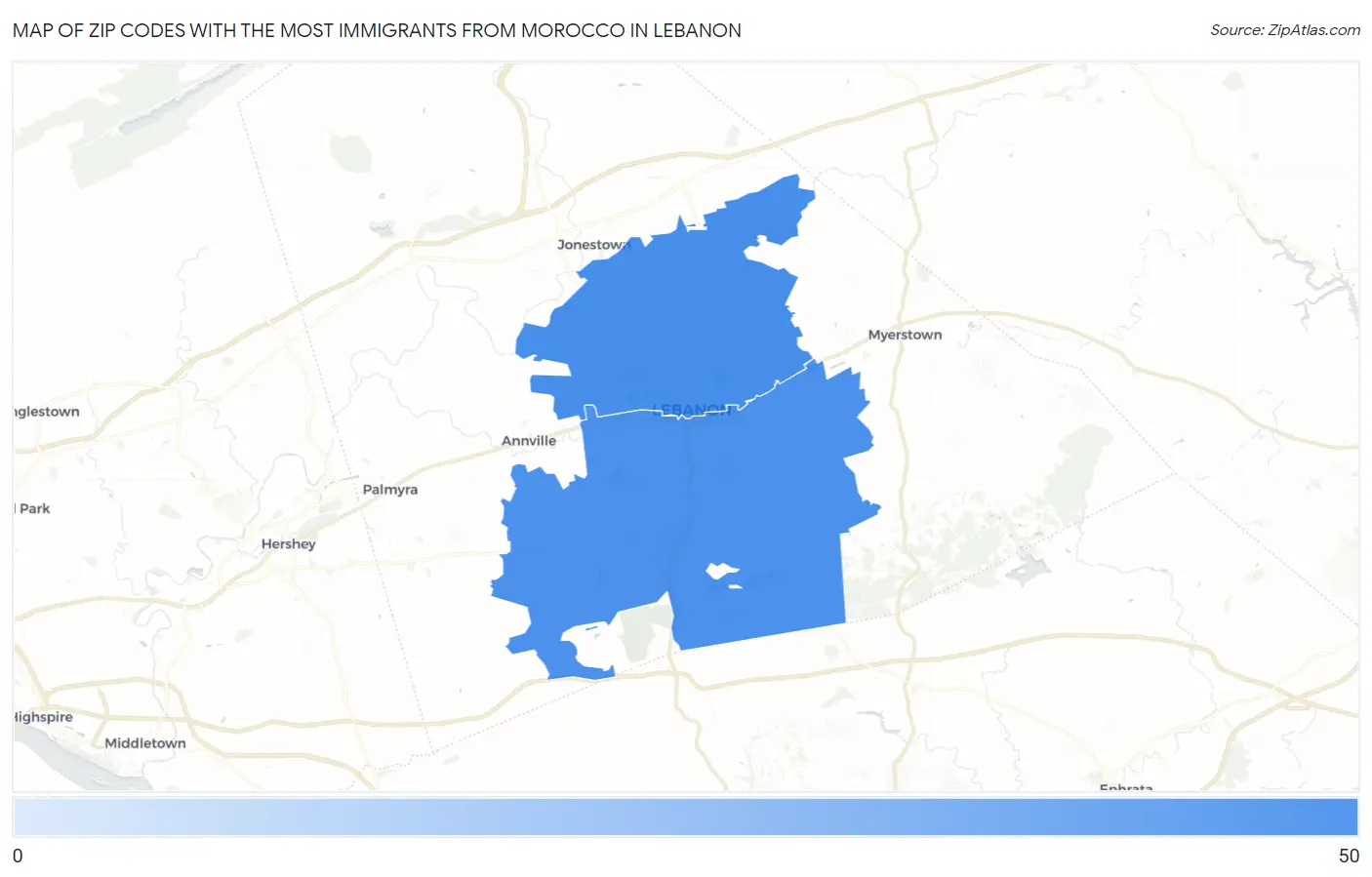 Zip Codes with the Most Immigrants from Morocco in Lebanon Map