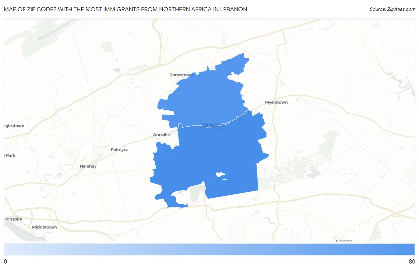 Zip Codes with the Most Immigrants from Northern Africa in Lebanon Map
