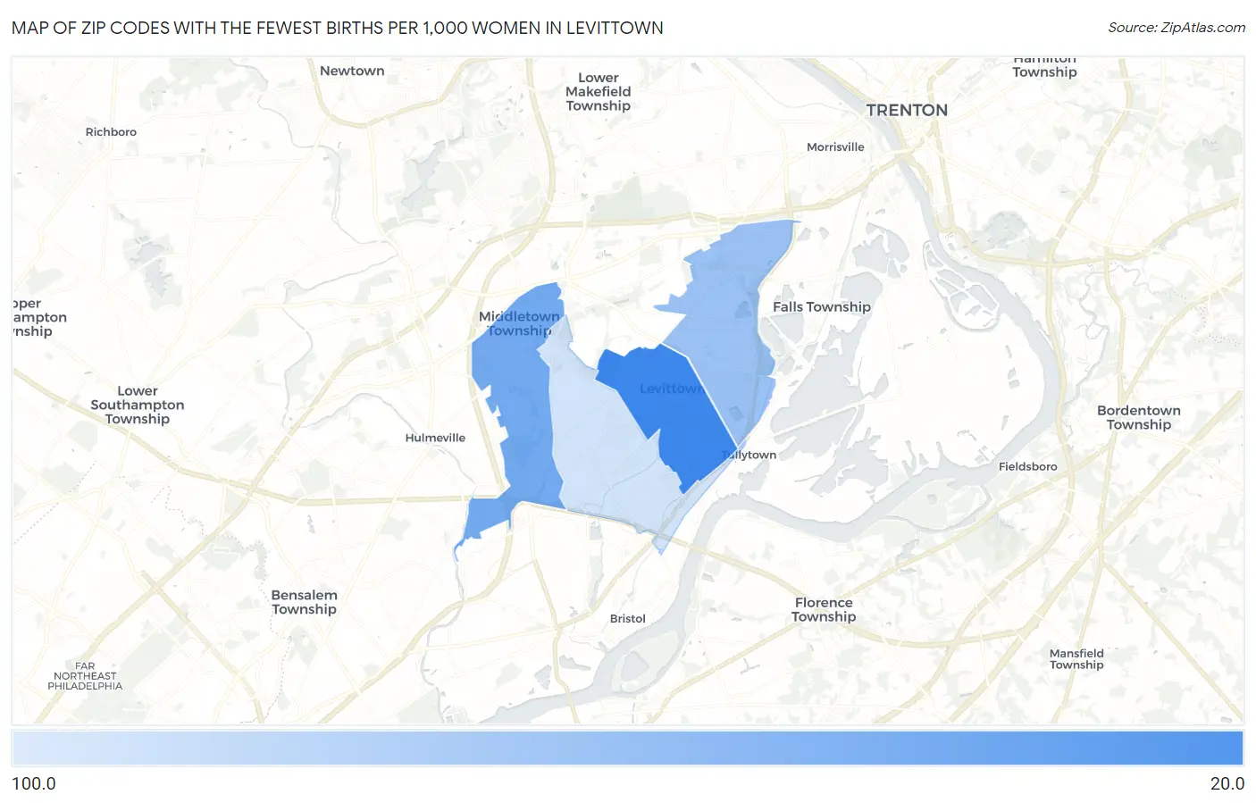 Zip Codes with the Fewest Births per 1,000 Women in Levittown Map