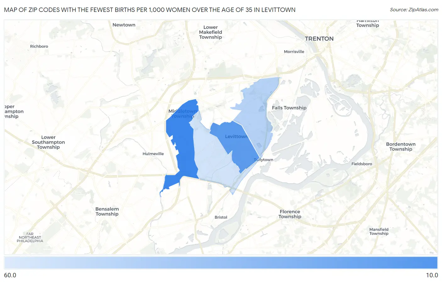 Zip Codes with the Fewest Births per 1,000 Women Over the Age of 35 in Levittown Map