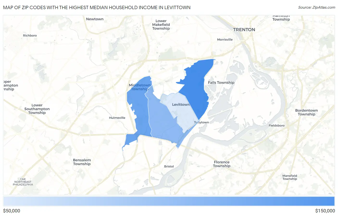 Zip Codes with the Highest Median Household Income in Levittown Map