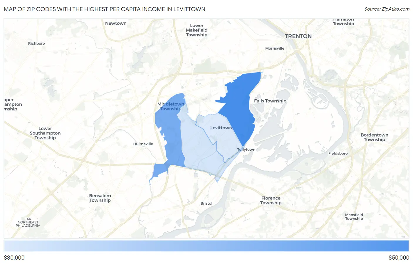 Zip Codes with the Highest Per Capita Income in Levittown Map