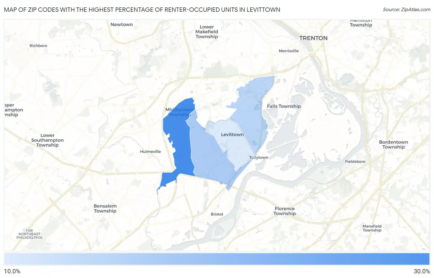 Zip Codes with the Highest Percentage of Renter-Occupied Units in Levittown Map