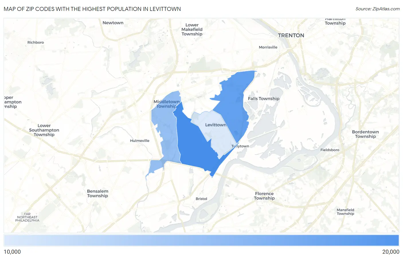 Zip Codes with the Highest Population in Levittown Map