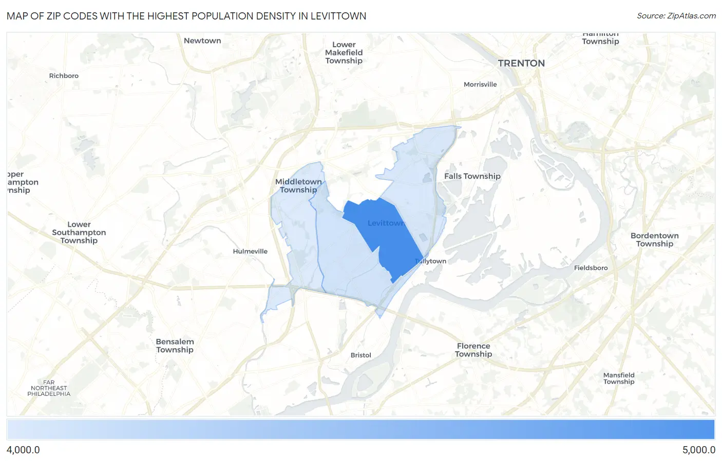 Zip Codes with the Highest Population Density in Levittown Map