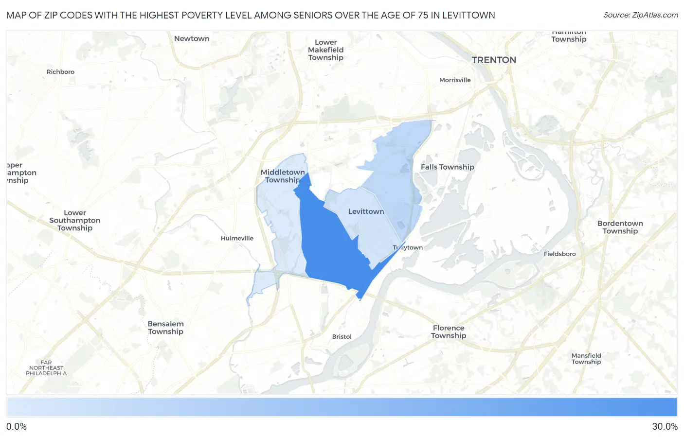 Zip Codes with the Highest Poverty Level Among Seniors Over the Age of 75 in Levittown Map