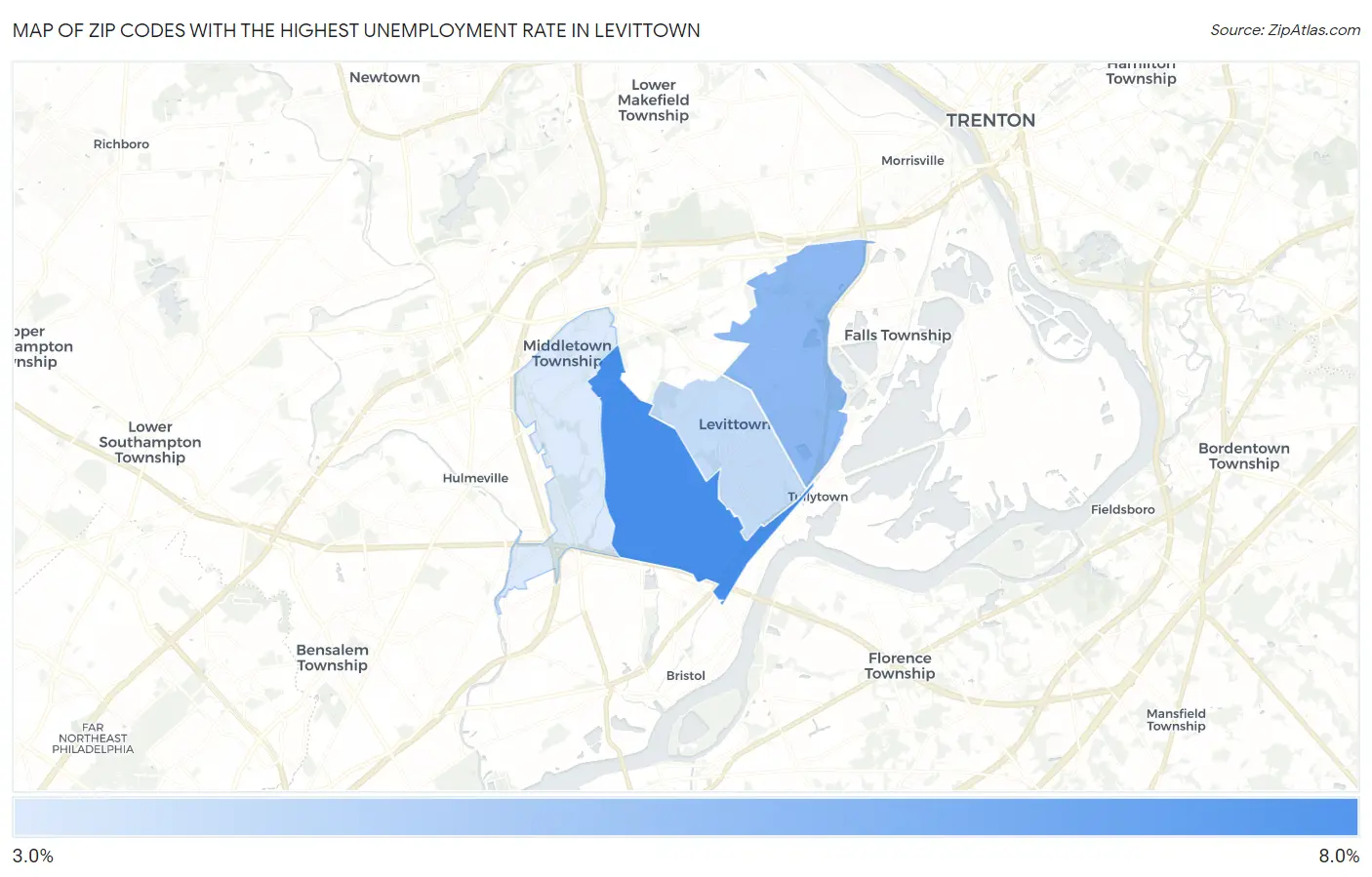 Zip Codes with the Highest Unemployment Rate in Levittown Map
