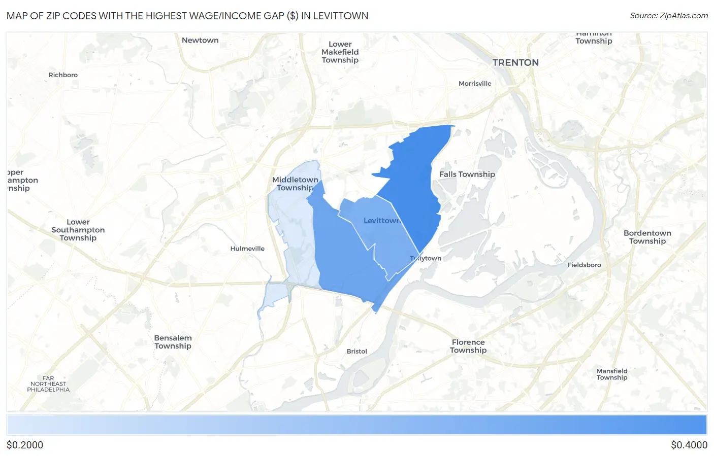 Zip Codes with the Highest Wage/Income Gap ($) in Levittown Map