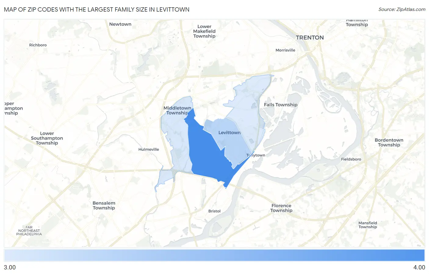 Zip Codes with the Largest Family Size in Levittown Map