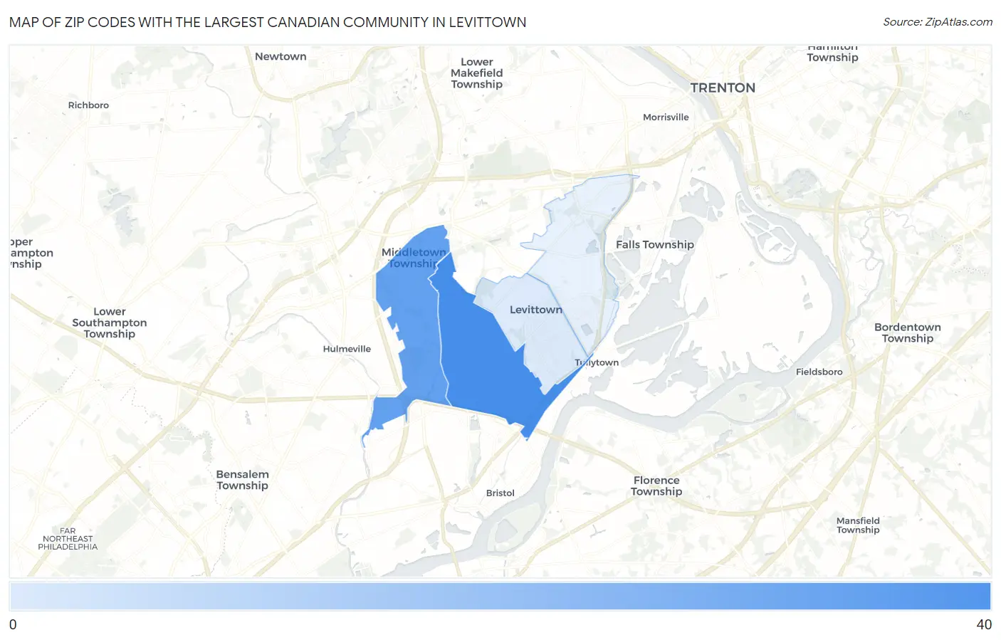 Zip Codes with the Largest Canadian Community in Levittown Map
