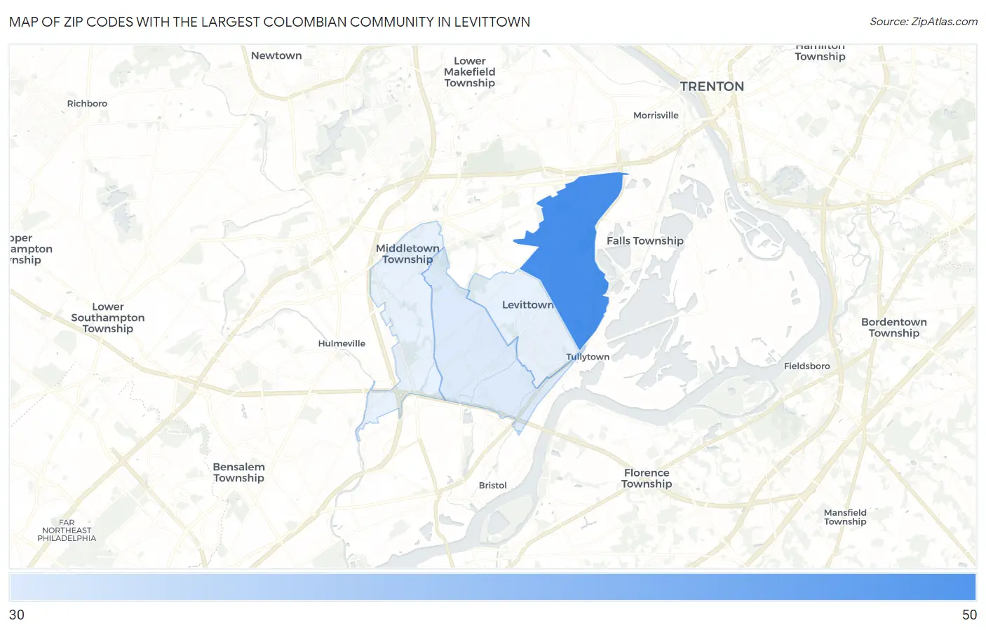 Zip Codes with the Largest Colombian Community in Levittown Map