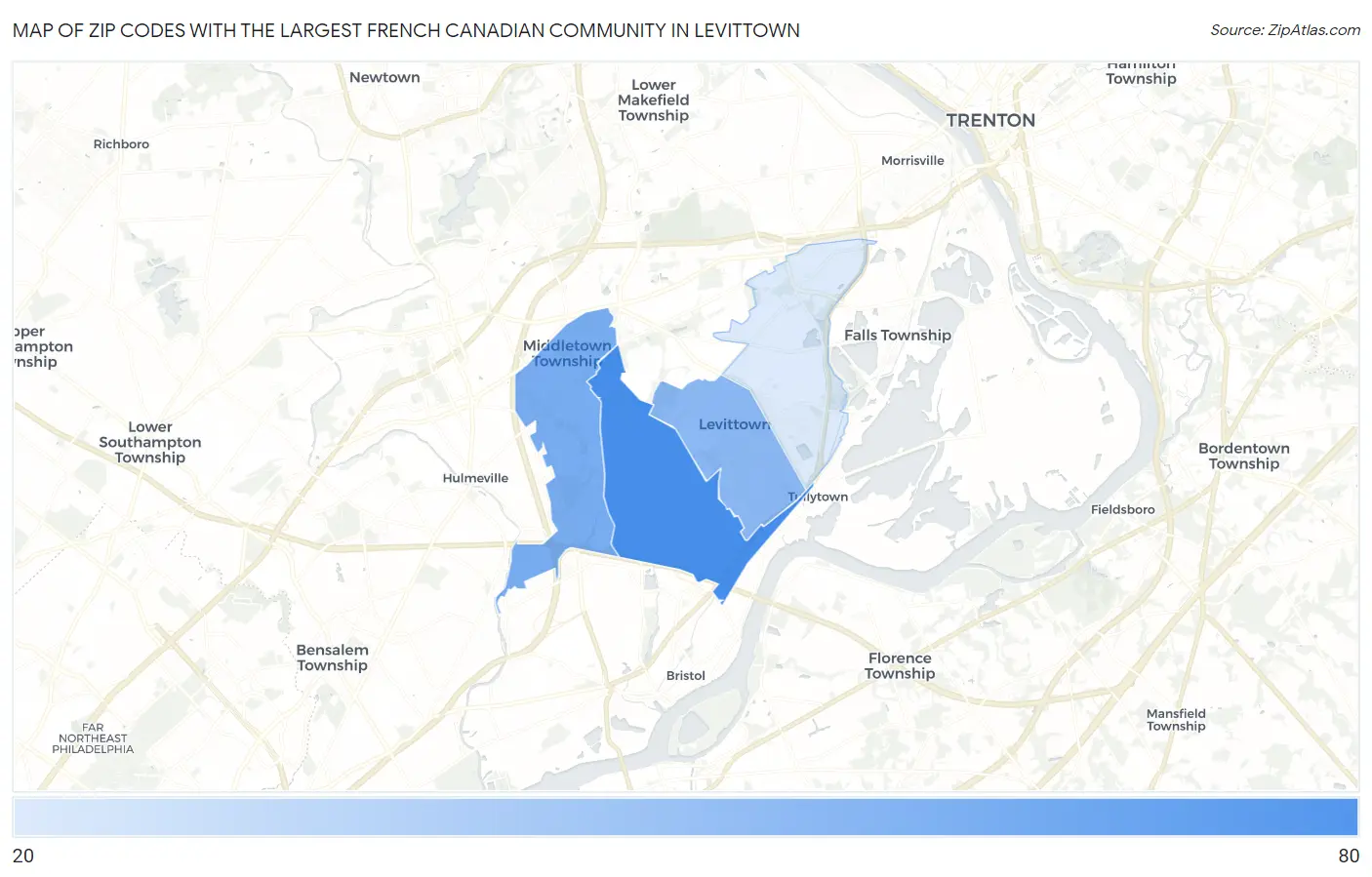 Zip Codes with the Largest French Canadian Community in Levittown Map