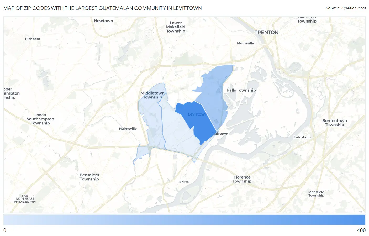 Zip Codes with the Largest Guatemalan Community in Levittown Map